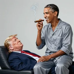 barack obama wearing a nightgown smoking a cigar and smiling at a reclining donald trump, realistic, detailed, photograph