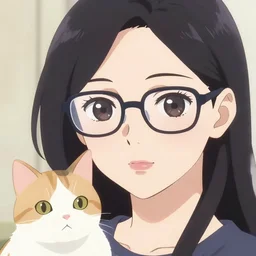 anime portrait of one lady wearing eyeglasses with one cat by wlop, loish, and ilya kuvshinov, elegant, vivid colors, hyperdetailed artistic lines, intricate, in the style of borderlands, artstation, 8 k