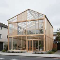 exterior shot of a contemporary minimalistic 2 floors greenhouse architecture in a city block, with a transparent facade made in wood textile, front view, creepy , overcast, highly detailed, iwan baan