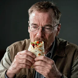 Walter White eating a burrito, dramatic lighting, cinematic, 4k, sharp focus