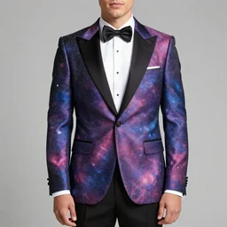 photo of a man wearing a galaxy coloured tuxedo