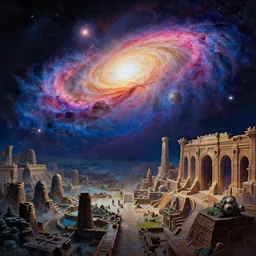massive subterranean galaxy in sprawling ancient ruins of atlantis, a dramatic matte painting by tyler edlin, trending on artstation, vivid and vibrant, cel shading hyper realistic, canon eos