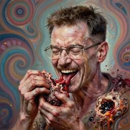 weird and disturbing psychedelic walter white eating rotten flesh, laughing and puking blood, diffuse lighting, fantasy, intricate, elegant, highly detailed, lifelike, photorealistic, oil painting, illustration, concept art, smooth, sharp focus, art by francis bacon