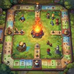 a new cool tabletop board game, furnace board game style, top view, hearthstone style, by studio ghibli