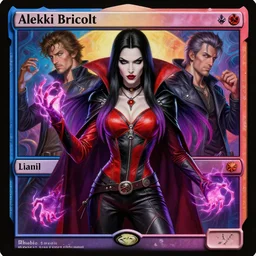 a ultradetailed painting lilliana vess vampire queen planeswalker aleksi bricolt, donato giancola and nikolay makovsky red black purple leather outfit energy hands long black hair gradient with by karl kosinski mc escher gottfried helnwein magic the gathering art layout, futurism, vibrant colors zbrush sharp focus