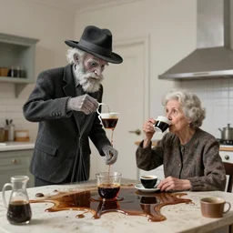 a sculptural made of metal strings strange dusty professor in black suite and hat and a old woman making a study of drinking 1 0 cups of black coffee in 5 seconds in a kitchen that is melting, styled by jean tinguely