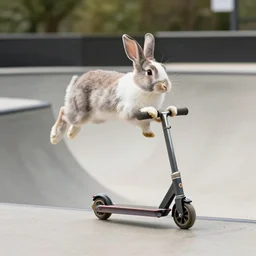 a rabbit jumping with a scooter on a skatepark