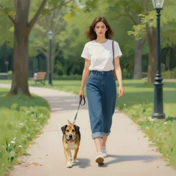 an award winning anamorphosis painting of a woman, walking her dog toward camera, in a park, inspired by lise deharme, albrecht durer, abstract, a level art, intricate, pop surrealism, digital poster, ornately detailed, photorealism, trending in artstation