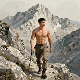 asian man, barechest, hiking in rocky mountain, light, intricate, elegant, digital painting, highly detailed, artstation, sharp focus, illustration, ruan jia, rutkowski