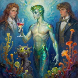 Merman, Wineglass, Algae. Trending on ArtStation and Pixiv. A vibrant digital oil painting. A highly detailed fantasy character illustration by Wayne Reynolds and Charles Monet and Gustave Dore and Carl Critchlow and Bram Sels