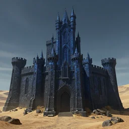 A digital concept art painting of a dark blue medieval fantasy european ghotic castle with black brick in desert, 4K UHD image, unreal engine