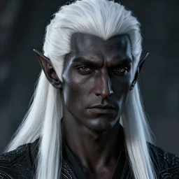 a portrait of a dark drow elf male, long length slick white hair, charcoal skin, handsome, smooth skin, young adult in with late twenties, raised eyebrows, pointed chin, charcoal color skin, style by donato giancola, wayne reynolds, jeff easley dramatic light, high detail, cinematic lighting, artstation, dungeons and dragons