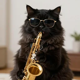 extremely fluffy black cat wearing sunglasses and playing saxophone