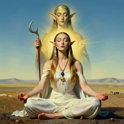 ascending meditating elven princess, dmt shaman, surreal, by salvador dali