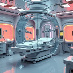 hyperdetailed concept art, single large glass chamber medical bed with multiple robotic manipulators, highly integrated futuristic automatic care unit, medical robotics, ultimate robotic cnc surgical hybrid mri 3 d printer machine, in cyberpunk hospital lab, scifi, highly detailed, vibrant, digital painting, artstation, hdr, rtx, octane render, by artgerm and alphonse mucha