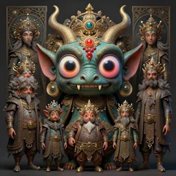anthropomorphic highly detailed group portrait of funny neon giant cute eyes rakshasa, intricate, elegant, highly detailed, digital painting, artstation, concept art, smooth, sharp focus, illustration, art by artgerm, bob eggleton, michael whelan, stephen hickman, richard corben, wayne barlowe, trending on artstation and greg rutkowski and alphonse mucha, 8 k