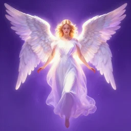 stunning drawing of an angel, hd, glowing light, purple background, Artstation