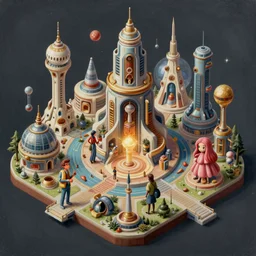 a isometric beautiful painting of an elaborate utopian sci - fi scene painted by hr giger and lisa frank, detailed, unreal engine, 4 k octane render, raytracing, volumetric lighting, epic, shadows,