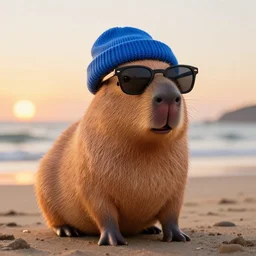 a photorealistic picture of a knitted Capybara wearing sunglasses, a blue beanie cap and smiling at the beach during sunset Trending on Artstation, featured on Behance, well-rendered, fine detail, extra crisp image, Unreal Engine, 4K HD