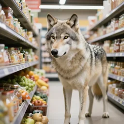 anthro anthropomorphic Canis lupus arctos arctic wolf werewolf buying groceries at supermarket professional photo