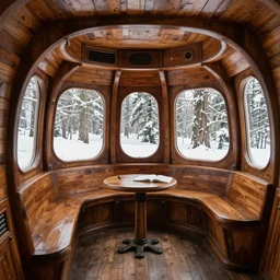 the interior of a victorian era space ship carved out of wood, designed by eero saarinen, trees and snow visible through the windows