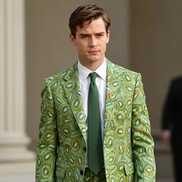 Patrick Bateman in a suit with a pattern made out of kiwi.com logo, realistic, highly detailed