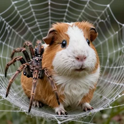 a realistic photo render of a hybrid animal cross between spider and guinea pig sitting in a cobweb, macro photography, national geographics, 4 k