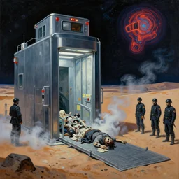 crematorium on desert planet, elevator, side ramp entrance ambulance smoke dead bodies, guards intricate, painting by lucian freud and mark brooks, bruce pennington, dark colors, neon, death, guards, nice style culture
