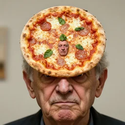 head and shoulders portrait of an old man with a perfectly round head, shaped like a pizza, with a small face sticking through the center of a pizza margherita, disturbing reality, shocking revelation, unsettling, extremely detailed, soft lighting, sharp close - up, droopy eyes, exhibition, masterpiece by morten krogvold