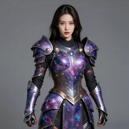 photo of a real-life beautiful warrior with galaxy coloured armour