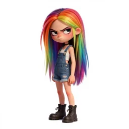 a grungy pixar woman with rainbow hair, drunk, angry, soft eyes and narrow chin, dainty figure, long hair straight down, torn overalls, short shorts, combat boots, basic white background, side boob, symmetrical, single person, style of by Jordan Grimmer and greg rutkowski, crisp lines and color,
