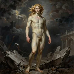 A long shot, stunning, breathtaking, awe-inspiring, award-winning, ground breaking, concept art nouveau painting of Lucifer,extra-light natural blonde hair, sophisticated well rounded face, bright glowing eyes, slender body, porcelain looking skin, standing tall  invincible over the remains of Heaven, by Michelangelo, dark fantasy, exquisite, intricate, dramatic, hyperrealist, atmospheric, cinematic, trending on ArtStation , 8k