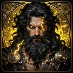 furious god zeus, wavy black hair, bushy beard, glowing eyes, thunder tattoo, volumetric lights, black and yellow scheme, art nouveau botanicals, gothic, intricate, highly detailed, digital painting, artstation, concept art, smooth, sharp focus, symmetric face, illustration, steampunk, art by artgerm and greg rutkowski and alphonse mucha