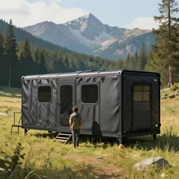 cabela's beautiful comfortable carbon framed, modular insulated wall portable container home kit - house all weather family dwelling tent house, person in foreground, mountainous forested wilderness open fields, beautiful views, painterly concept art, environmental concept art, concept art illustration, by james gurney, by craig mullins, by greg rutkowski trending on artstation