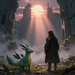 The Last Guardian and Bloodborne mashup, ruined architecture, god rays, bloom, volumetric fog, moody ambiance, cinematic lighting, twilight, sunset, Brom, Caravaggio, Rubens, fantasy, portfolio illustration, highly detailed, trending on Artstation, CGsociety, HQ, 8k, 35mm lens, f2.8, Bokeh,