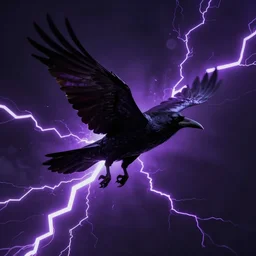 raven flying through purple lightning bolts with a dark background in a cyberpunk style