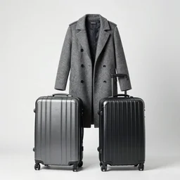 two large wheelie cases, in disguise under a long overcoat