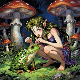 Carnivore godlike fairy eating a frog alive , giant mushrooms , psychedel tint , Junji Ito and Greg rutkowski