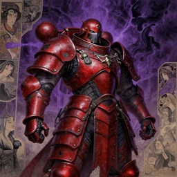 composition with beatiful mainem of gothic and futuristic, warhammer, cyber japan samurai armor, scars, more details, storm, purple and red, the middle ages, highly detailed, artstation, in the style of moebius, jugendstil and classic japanese print, art by jean delville and rene magritte