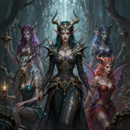 vicious evil faeries of the Unseelie Court, intricate, elegant, fantasy, highly detailed, digital painting, sharp focus, illustration, beautiful volumetric lighting, epic light, artstation, colorful, art by Gregory Crewdson