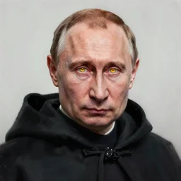 portrait of Putin in a black cloak,  glowing eyes, detailed face, highly detailed, cinematic lighting, digital art painting by greg rutkowski.