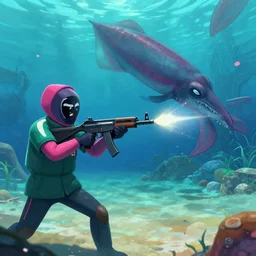 a squid guard from squid game shooting with his MP5 submachine a giant squid