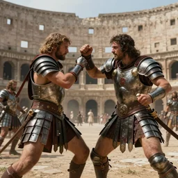dynamic gladiator combat, in armor, deadly battle,, realistic faces, colosseum, wonderful masterpiece by greg rutkowski, beautiful cinematic light, by greg manchess, jessica rossier