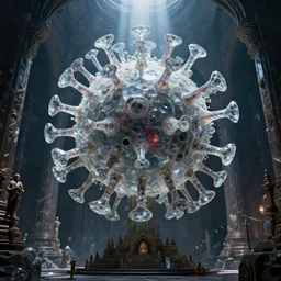 inside the temple of the virus god cult. large crystalline statue of a t 7 bacteriophage dominates the scene. horrifying beauty. behold the great virus! award - winning photograph hasselblad 1 6 k. lush detail and color. a shaft of light illuminates the crystalline virus. sharp focus. very very very beautiful. melancholic masterpiece