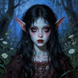 a beautiful but sinister and creepy young goblin in layers of fear, with haunted eyes, violence in her eyes, 1 9 7 0 s, seventies, delicate embellishments, a little blood, woodland, blue dawn light shining on wildflowers, painterly, offset printing technique, by alexandre cabanel