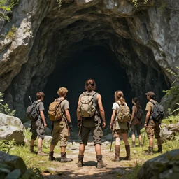 adventurers in front of a dark cave, sunny, fantasy art, epic, 4 k
