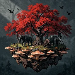 ancient creatures, by gediminas pranckevicius, by james gilleard, dark shadows, autumn, red trees, birds flying, woodblock, complementary - colors, polished, tremella - mesenterica, mycelium, on a floating island