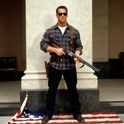 film still of John Cena as Nada wearing a flannel shirt and sunglasses and holding a shotgun with a bandolier in Bank scene with a marble pillar behind him and a an american flag dangling down to the floor in They Live 1988
