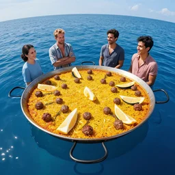 Floating paellas and meatballs over a blue ocean, Darek Zabrocki, Karlkka, Jayison Devadas, Phuoc Quan, trending on Artstation, 8K, ultra wide angle, pincushion lens effect.