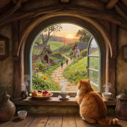 the view from inside a hobbit hole looking out a window into a busy hobbit path, by alan lee, sunset, a fat orange cat is on the floor, windowsill loaded with steaming food and teacups, window glass reflecting, intricate, highly detailed terrain, digital painting, artstation, concept art, smooth, sharp focus, illustration, vfx
